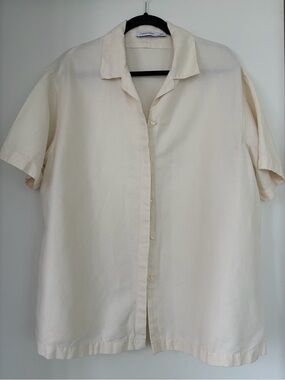 Calvin Klein thick Cotton Linen blend short sleeve button up cream shirt Size XL